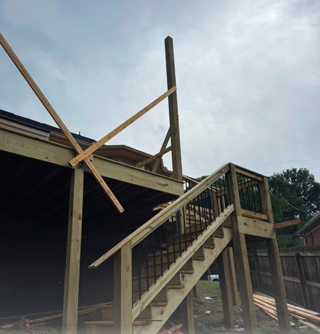 Porch roof structure being framed