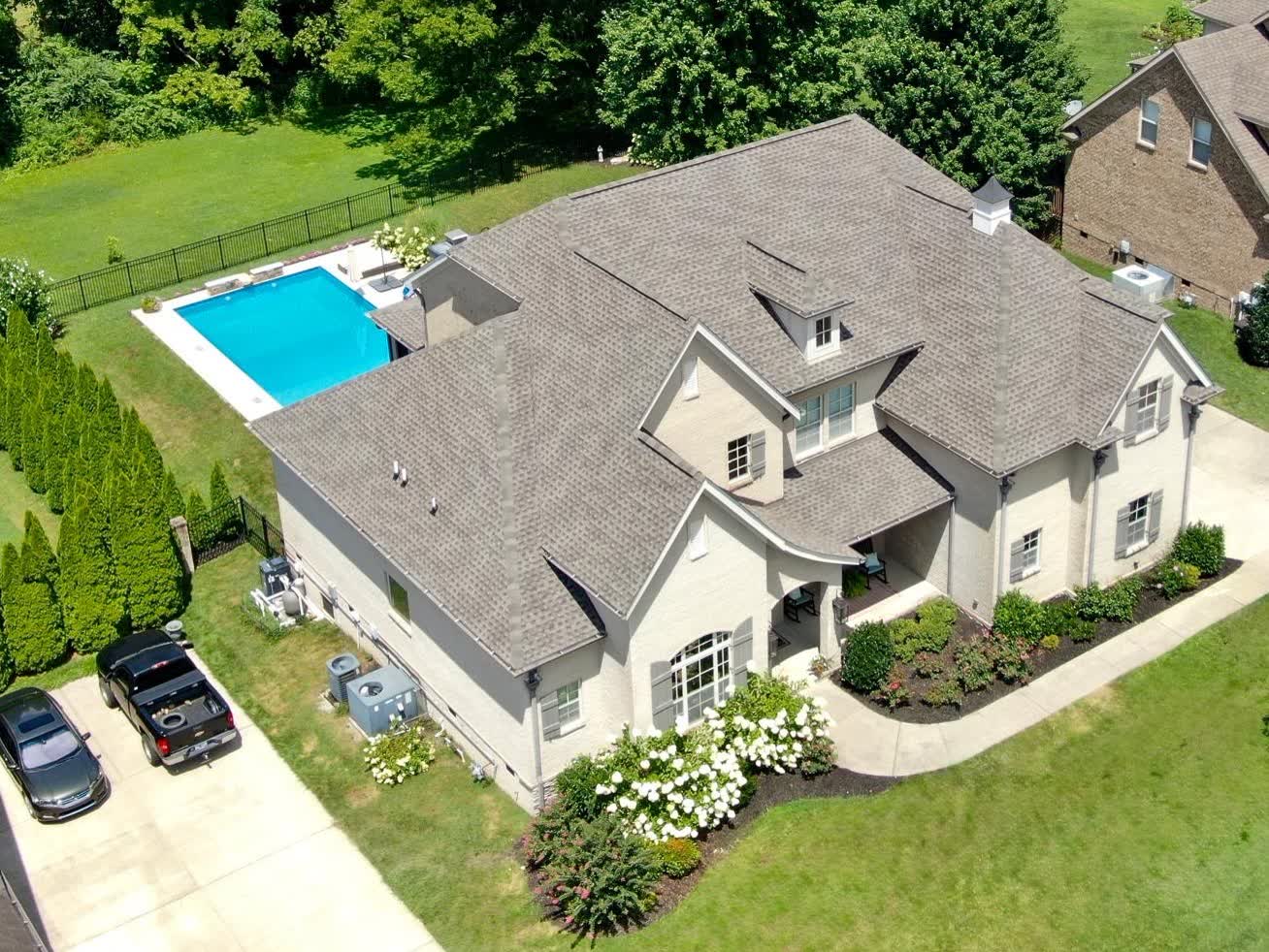 Aerial view of a completed roof replacement in Middle Tennessee