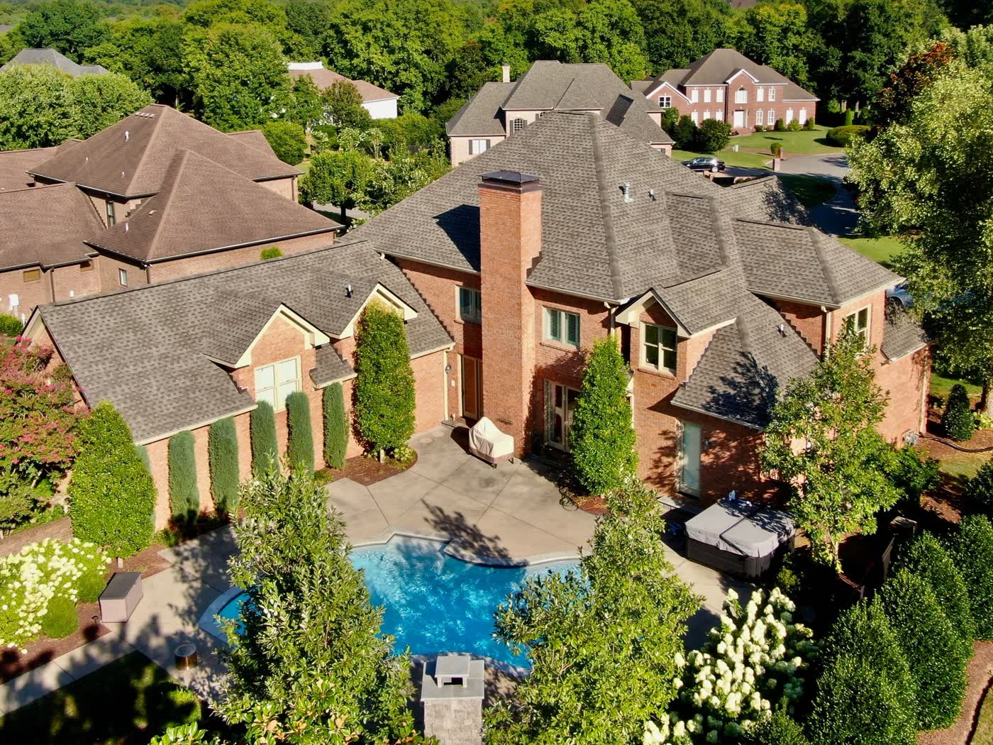 Aerial view of a completed shingle roof in Middle Tennessee