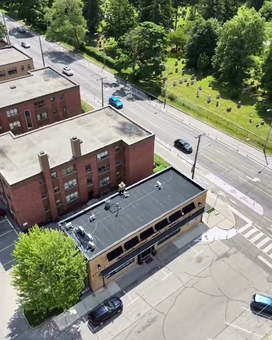 Aerial view of a commercial building roof